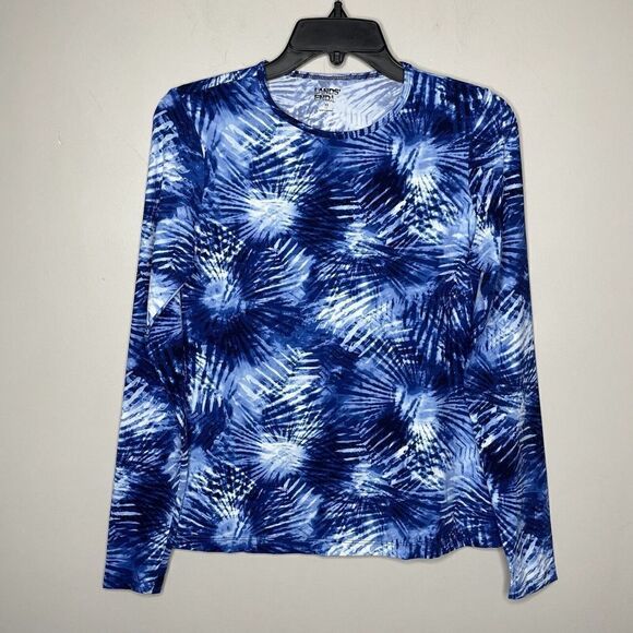 LANDS END Rash Guard Womens XS Swim Shirt NEW Blue Deep Sea Tie Dye Palm Tee - Picture 1 of 8